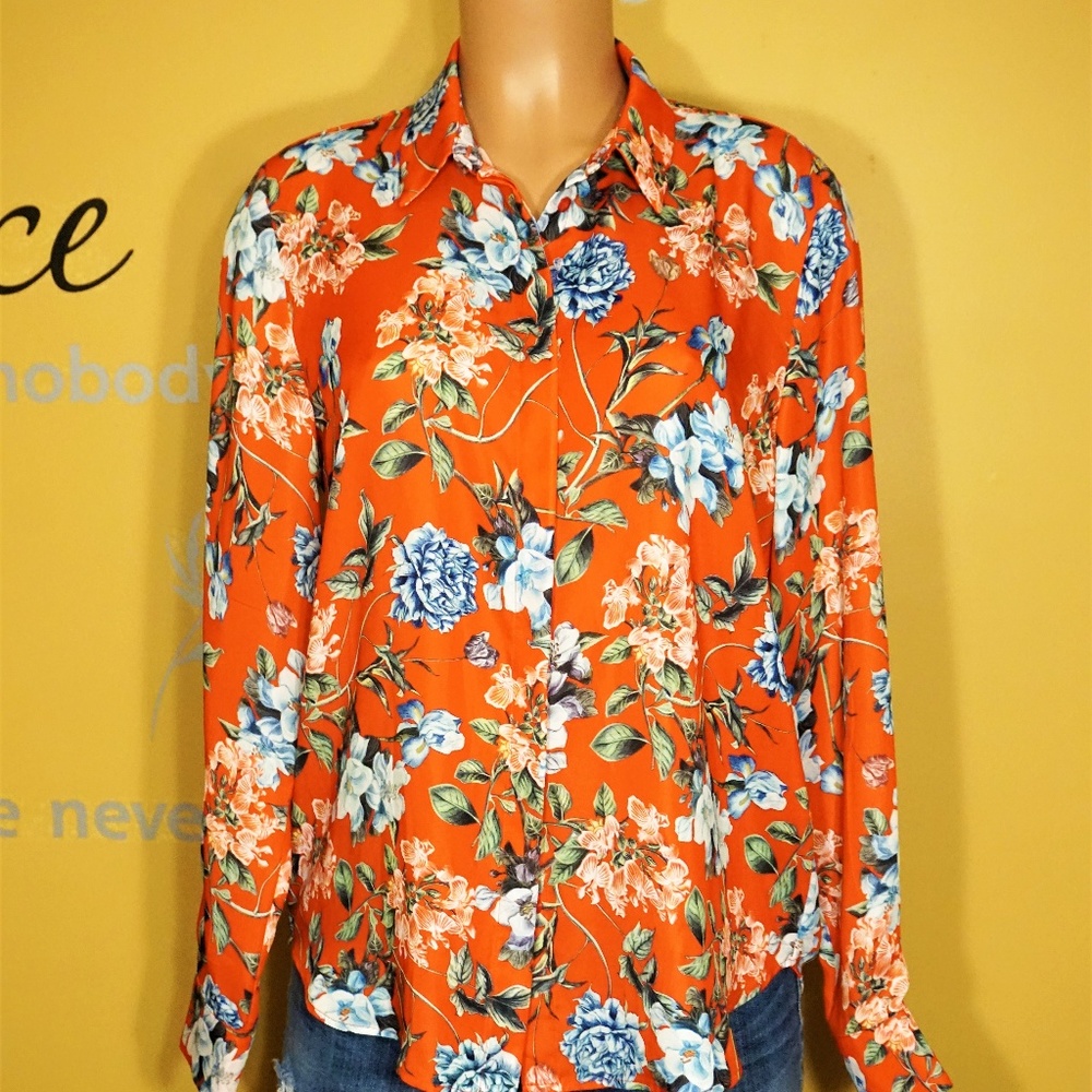 H & M Floral Orange Button Up Shirt Womens Size 8